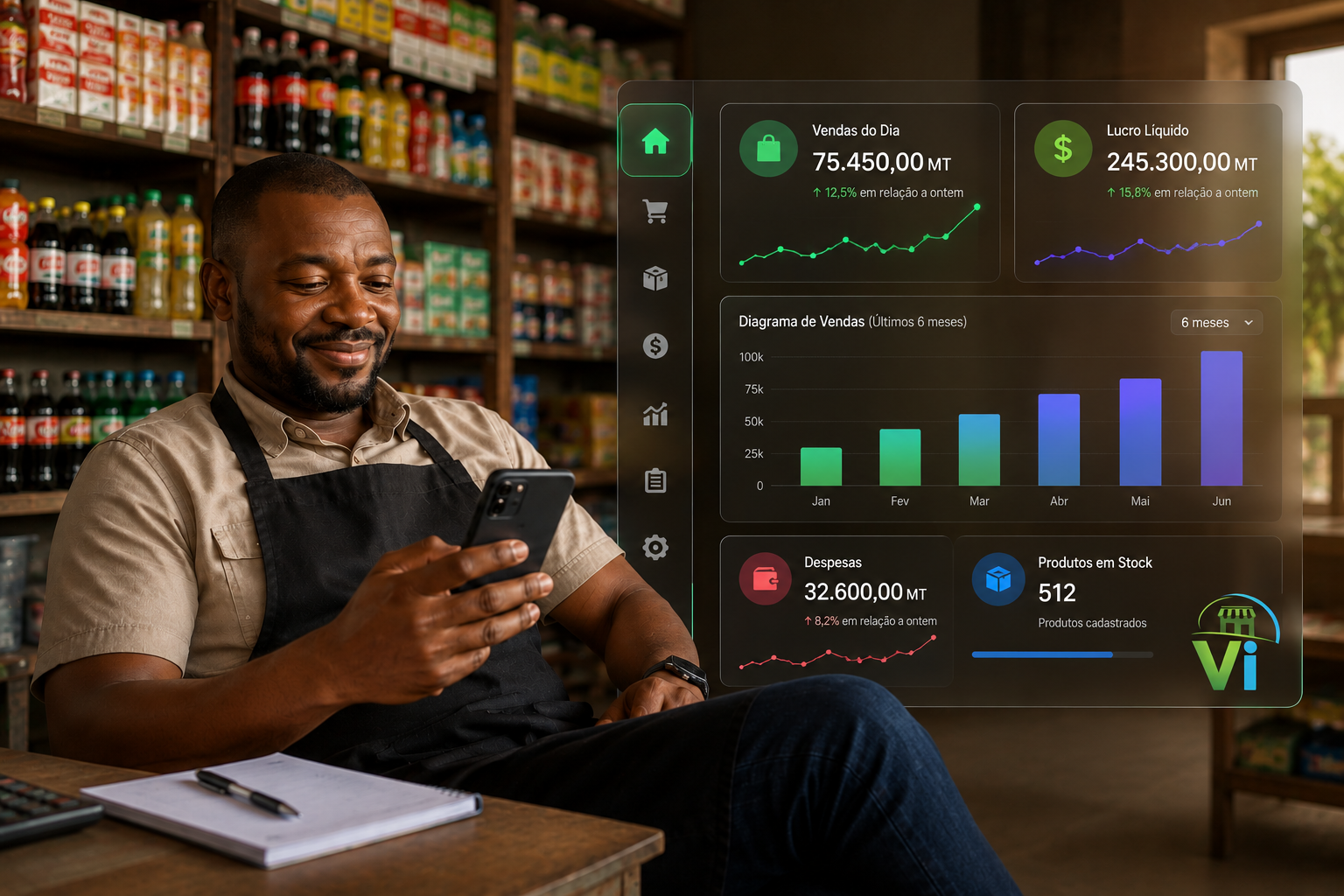 Comerciante acompanhando o negócio com o VI SGC